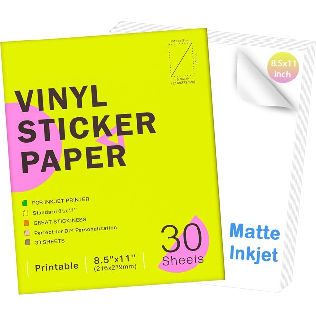 miduoudo-Premium Printable Vinyl Sticker Paper for Inkjet Printer,8.5x11 inch Durability Adhesive Paper, Waterproof Labels,Tear Resistant,Vivid Colours,Holds Ink Well (Matte White, 30 Sheets)