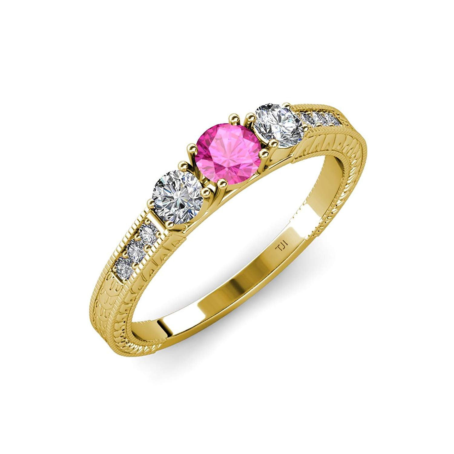 Pink Sapphire and Diamond Milgrain Work 3 Stone Ring with Side Diamond 0.85 ct tw 14K Yellow Gold.size 4.5 by TriJewels