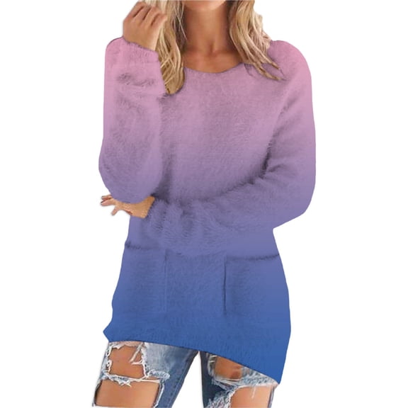 Women's Ombre Color Fleece Pullover Sweater, Soft Plush Long Sleeve Crewneck Top with Two Front Pockets for Casual Comfort, Daily Wear and Cozy Outfits Blue L