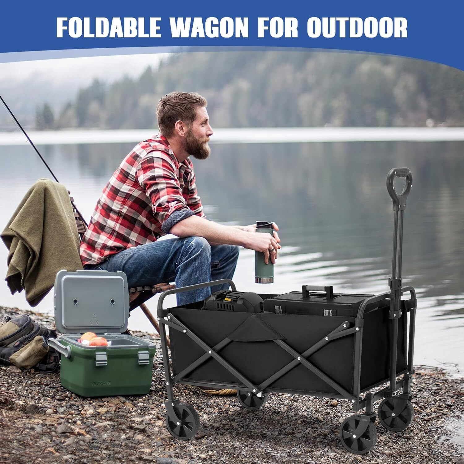 AENKYO Collapsible Folding Wagon, Heavy Duty Beach Cart, 220lb Weight Capacity for Sports and Camping