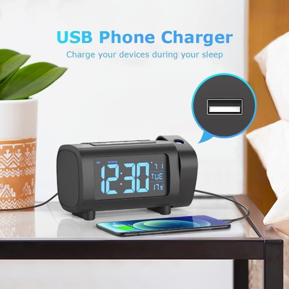VOCOO Projection Alarm Clock, LED Display Radio Alarm Clock with USB Charger Port, 180° Projector and 4 Dimmer Settings