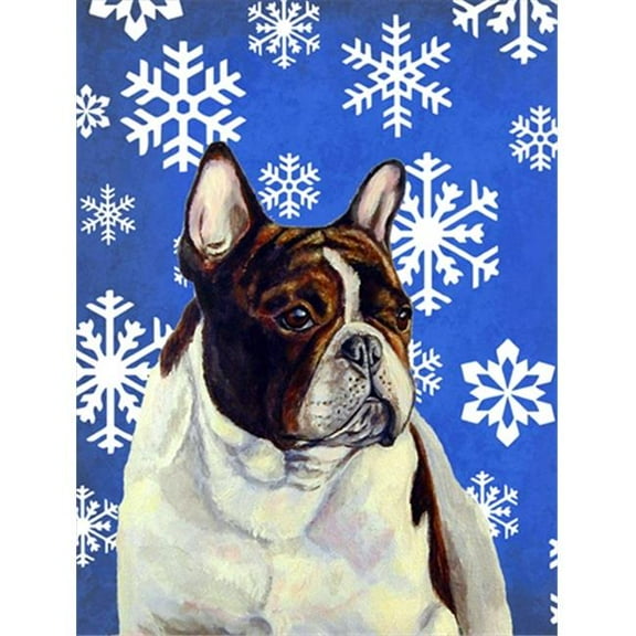 28 x 40 in. French Bulldog Winter Snowflakes Holiday House Size Canvas Flag