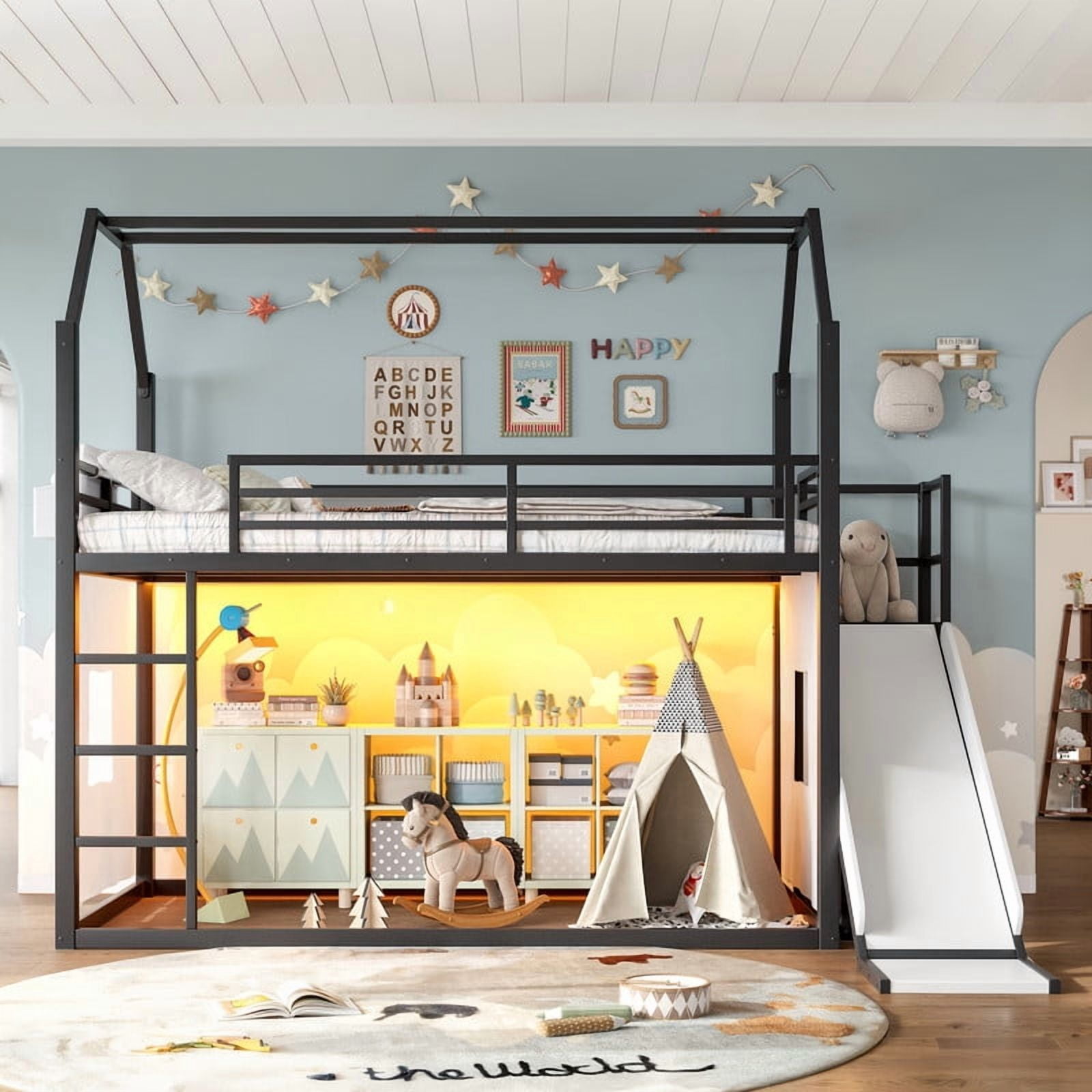Twin Size House Bunk Bed with Slide, LED Lights, Clothes Rack, Storage Bags & Shelves, Metal Kids Bunk Bed with Guardrails, Playhouse Design, No Box Spring Needed