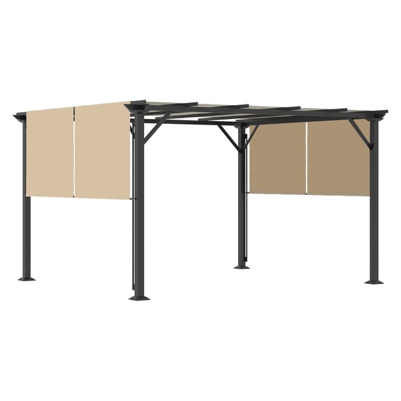 12x10 Outdoor Pergola Canopy, Retractable Patio Metal Shelter, Sun Shade Beige