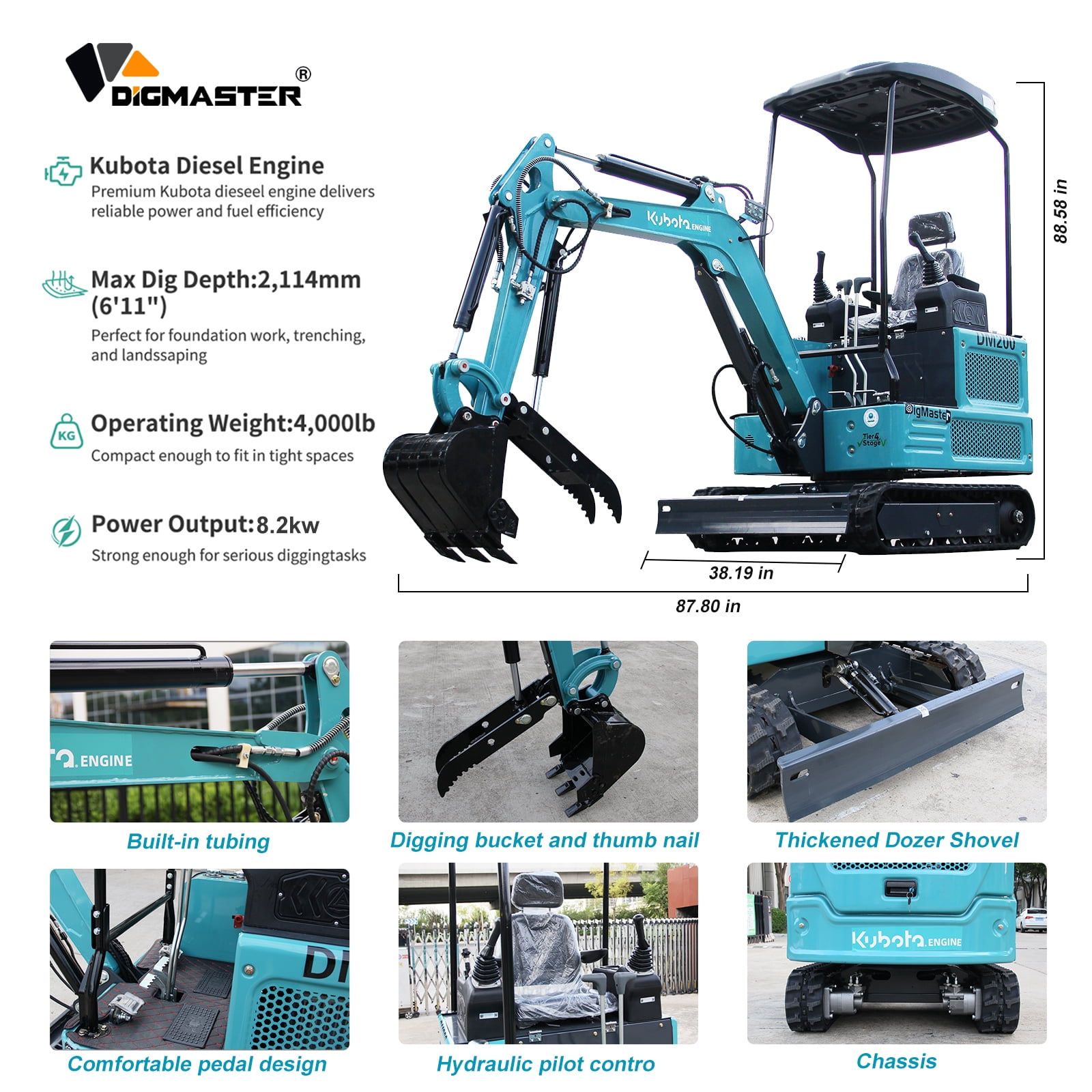 DigMaster 1.8Ton Mini Excavator Kubota Diesel Twin-Cylinder Engine  Hydraulic thumb Compatible Multiple Attachment farms yards forestry and more EPA