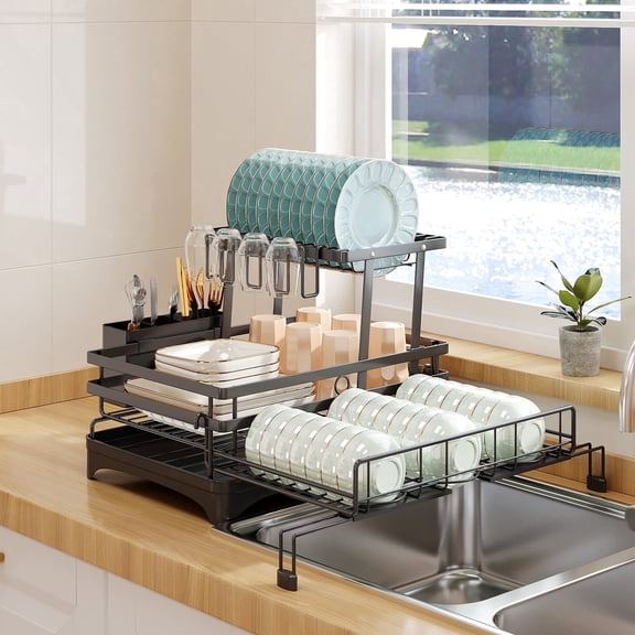 Innovaze Expandable Dish Drying Rack for Kitchen Counter, 2-Tier Carbon Steel Dish Rack with Drainboard, Adjustable Length, Rust-Resistant, Large Capacity for Plates, Bowls, Cups & Utensils