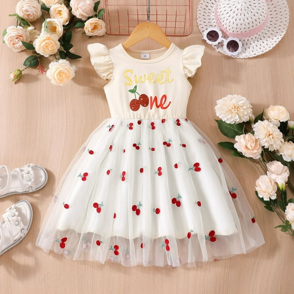 Girls Dresses Casual Sleeveless Mesh Dress Featuring Cartoon Strawberry and Cherry Print with Elastic Waist for Comfortable Playwear Suitable for Toddlers 2 to 7