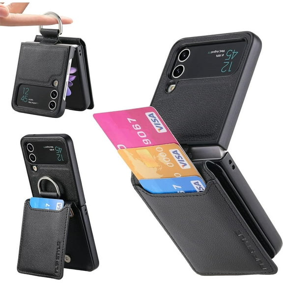 Phone Case for Samsung Galaxy Z Flip 3 5G 2021 with Card Slot Holder Wallet Cover and Ring Stand Magnetic Back Cell Mobile Accessories Protective Case for ZFlip3 Z3 Flip3 3Z Flip3case Black