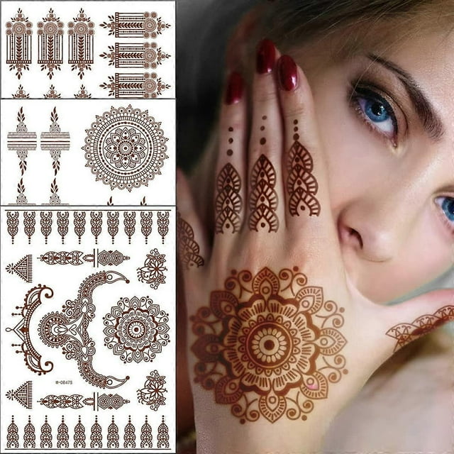 6 Sheets Henna Tattoos Brown Henna Temporary Tattoo Stickers Sexy Lace Waterproof Removable Fake Tattoos Luxury Mandala Flower Design Favors