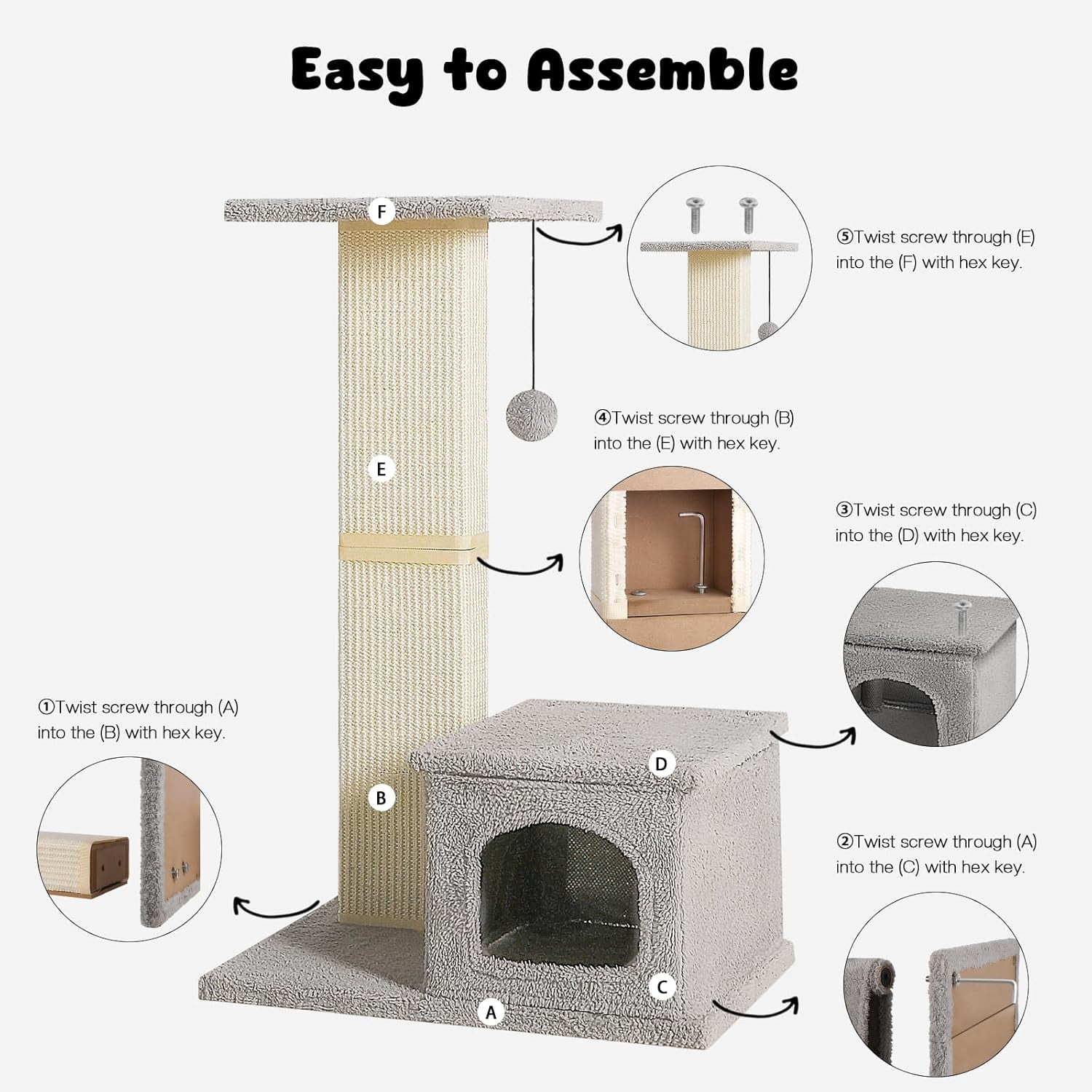 Cat Scratching Post with Perch, Sisal Cat Scratchers for Indoor Cats, Large Cat Scratching Post with Fluffy Ball, 31 Inches Tall Cat Scratching Tower, Gray