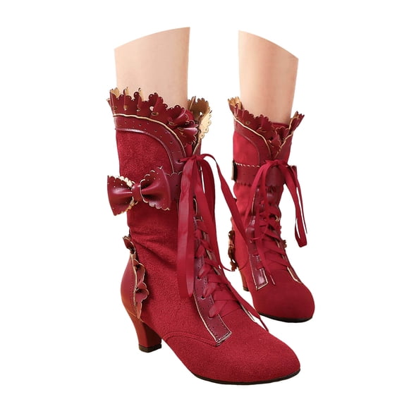 Vintage Lace Mid Calf Combat Boots for Women Cocktail Party Bow Leather Suede Kitten Heels Dress Boots Red