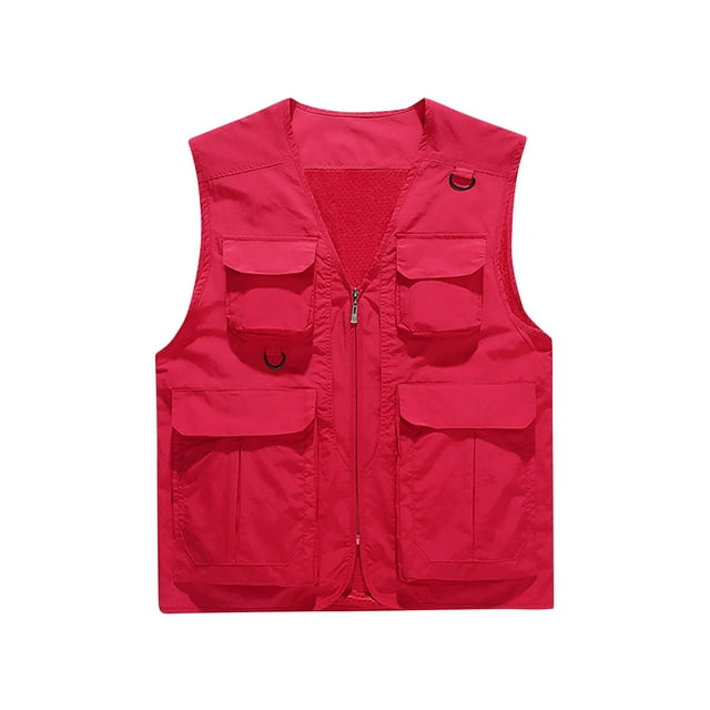 Pisexur Vestes pour Hommes Veste de Travail Col Montant Multiples Poches Veste de Photographie et de Sport Extérieure Rouge,TG