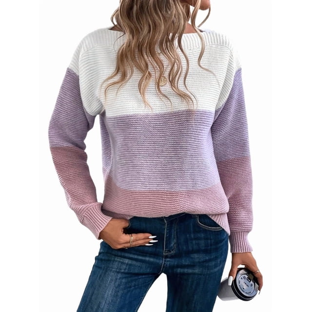 Suéter Informal de Cuello Redondo, Acanalado, de Punto con Bloques de Color, Hombros Caídos y Larga para Mujer, Otoño e Invierno. Púrpura XXXL