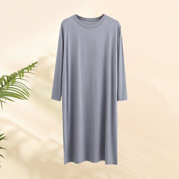 Batas de hombre, camisón de cuello redondo, manga larga, largo hasta la rodilla, agrandado, suave y cómodo, para colgar hacia abajo, color sólido, camisón de hombre, bata de dormir para hombre