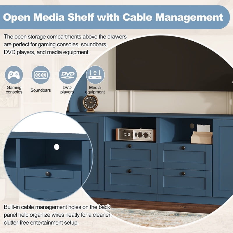 Farmhouse Entertainment Center Wall Unit with Drawers & Adjustable Shelves, TV Stand Media Console with Bridge for TVs Up to 70"