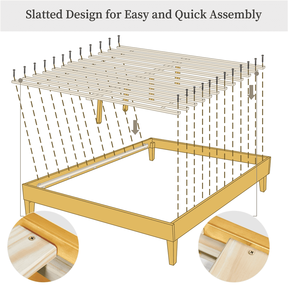 Renwick Queen Size Wooden Platform Bed Frame with Sturdy Slat Support for Adults, Natural Wood