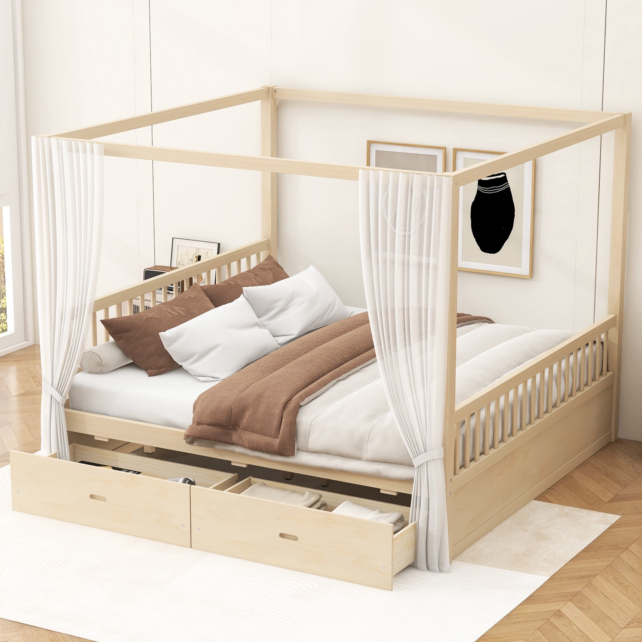 Noble House Stefan King Size Wooden Canopy Bed Frame with Storage Drawers, Farmhouse Decor Style, Natural