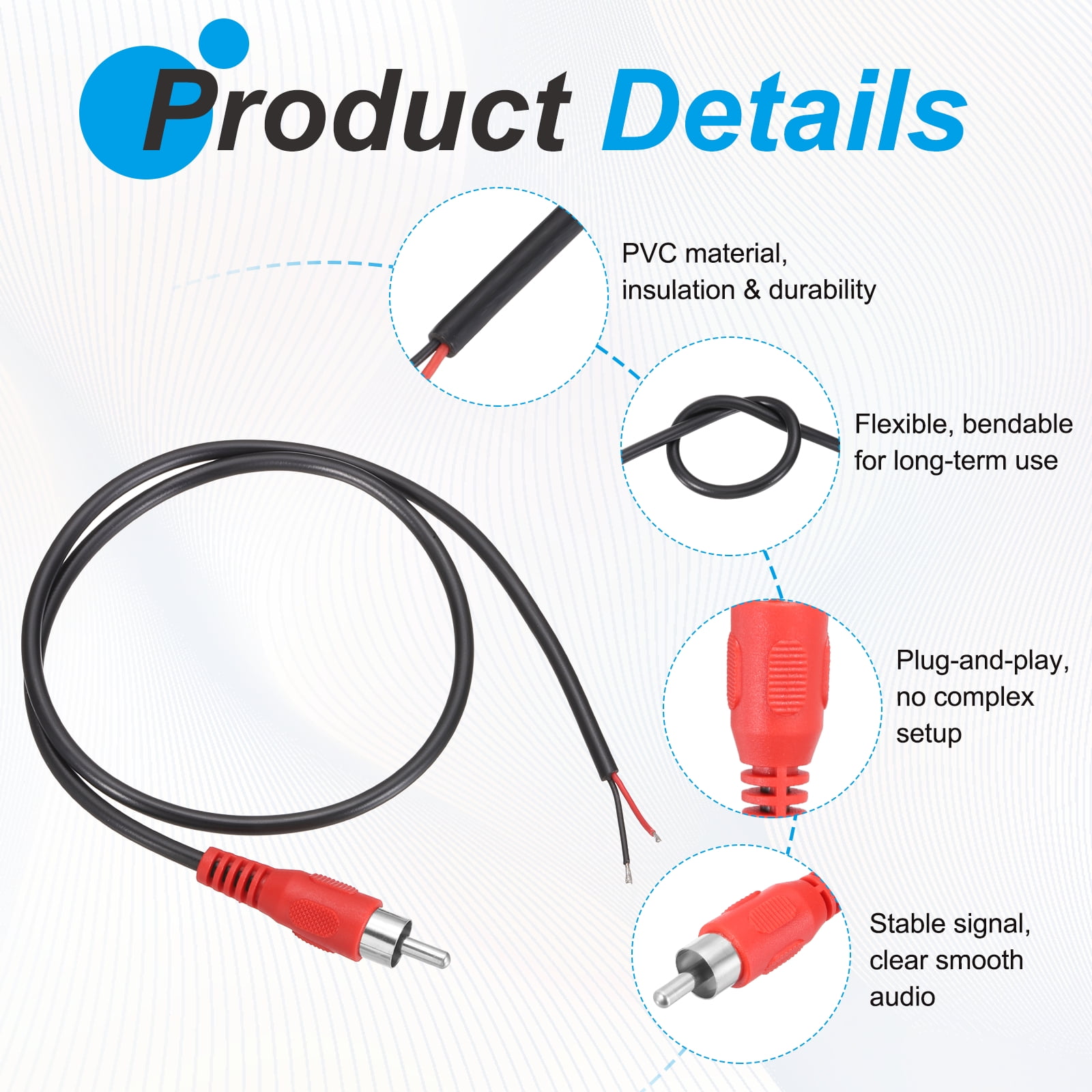 6.6FT RCA to Bare Wire Speaker Cable, 22AWG Replacement Red RCA Female Male Plug to Open End Pigtail Audio Cable Connector Adapter for Amplifier, Home Audio Speakers, Pack of 8