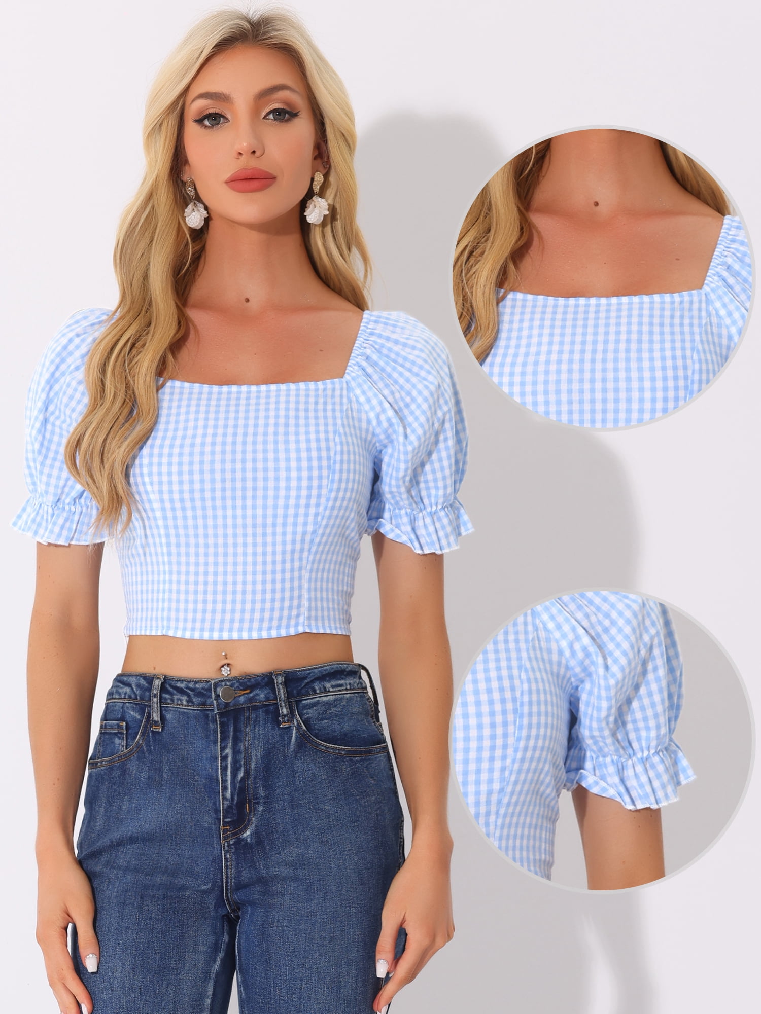 DARING DIVA Women's Smocked Crop Bubble Sleeve Peasant Gingham Tops L Light Blue