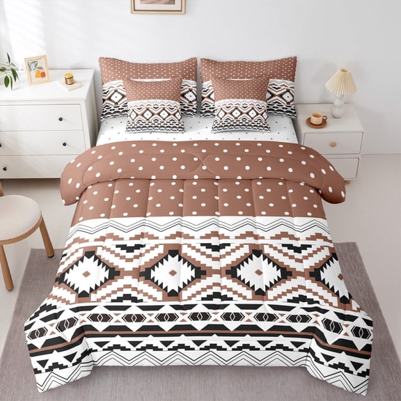 Manfei Hippie Aztec Twin Bedding Sets 7-Piece for Female Men Adults,Polka Dots Bedding Comforter Set Microfiber,Boho Abstract Geometric Breathable Sheet Sets,Microfiber Bedroom Decor,Reversible