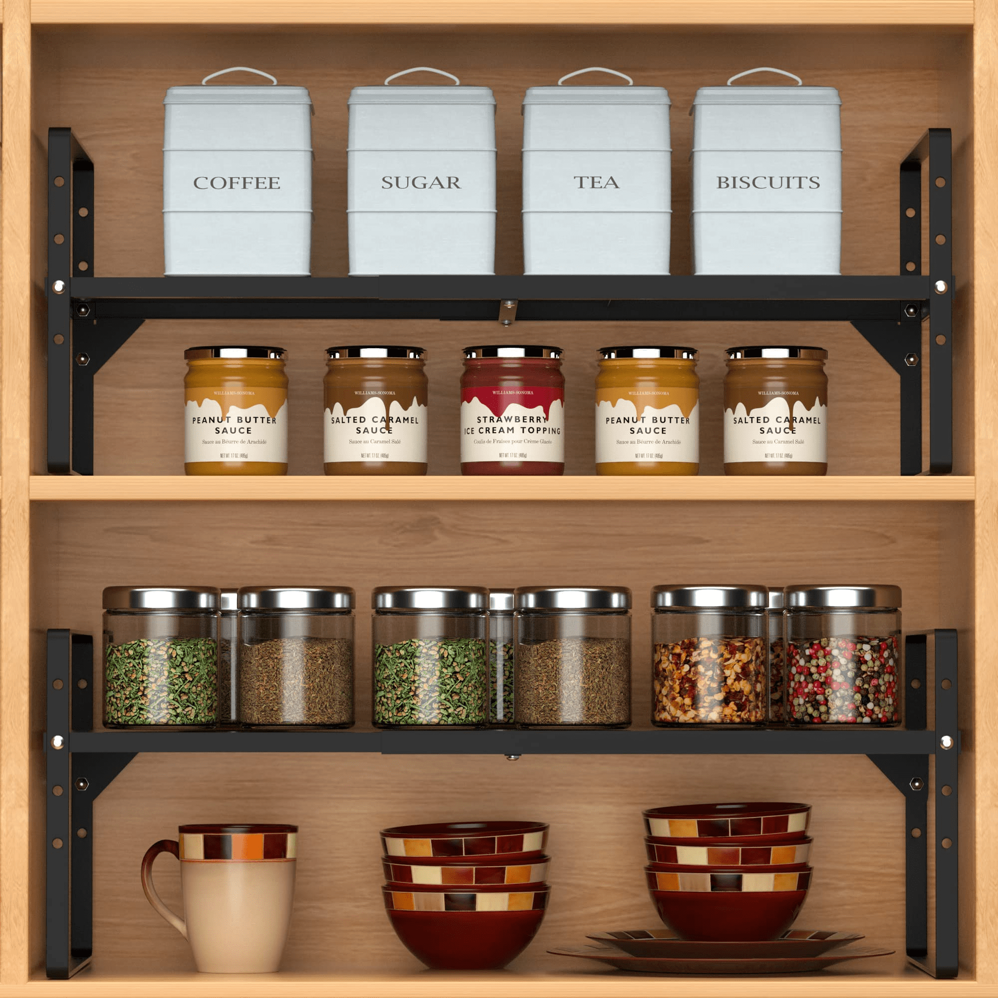 SANNO Expandable Kitchen Cupboard Organizer, Stackable Cabinet Shelf Organizer Storage Rack, Countertop Organizer Kitchen Pantry Cupboard Pantry Organization and storage,Black, 10"W, 1 pack