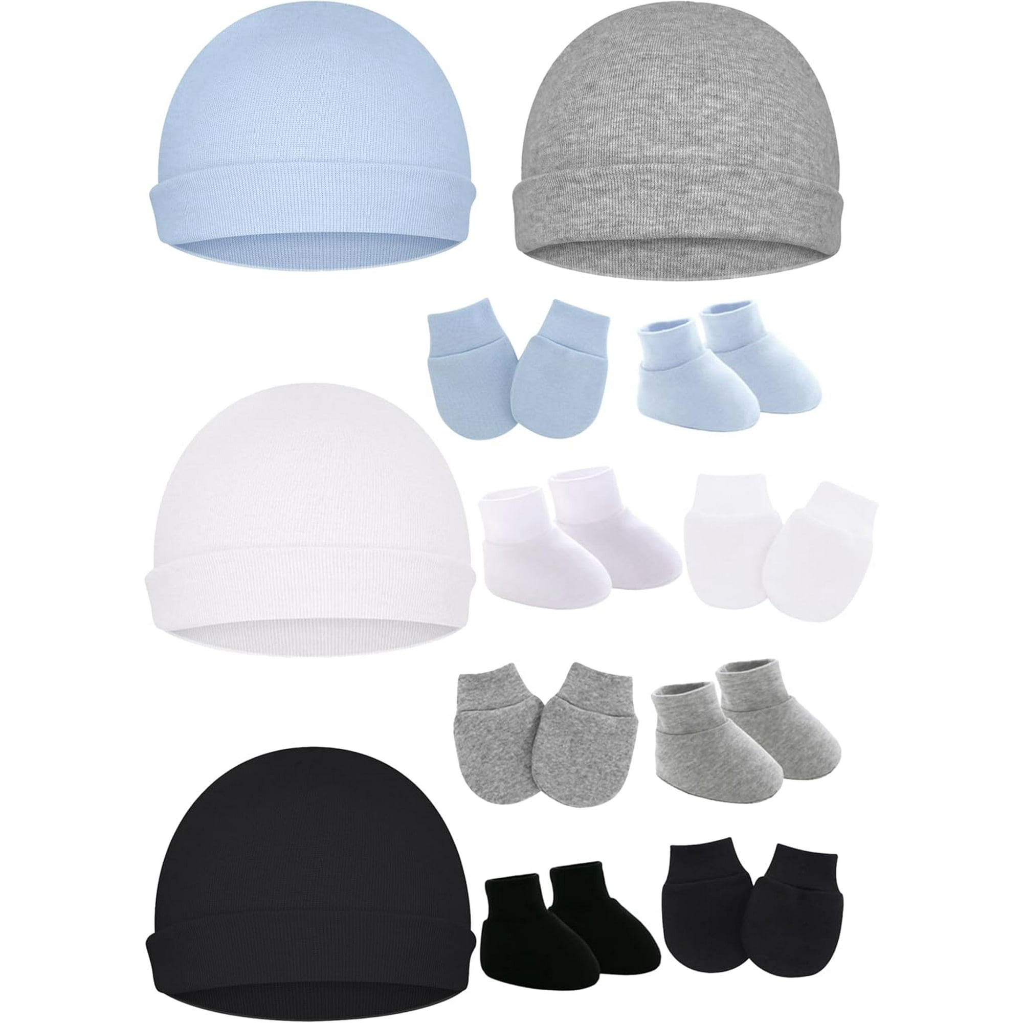 Cotton Baby Hats Mittens and Socks Set Unisex, Toddler No Scratch Mittens and Beanie Cap Infant Newborn Hospital Hat