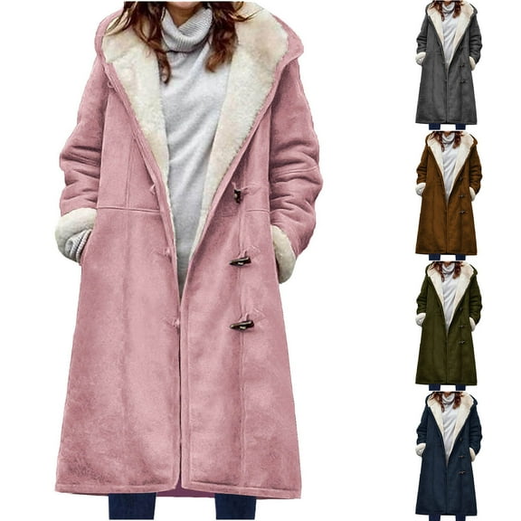 BiZtdJrK Knee Length Hooded Jackets for Women Horn Button Down Long Sleeve Sherpa Lined Jacket Fashion Winter Coats with Pocket Dark Gray L