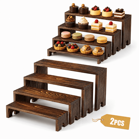 2 Pack Wooden Tiered Display Risers, 4-Tier Solid Wood Display Stand for Vendor Events, Cupcake & Cake Stand, Farmhouse Decor Shelf for Home, Craft Fair & Business Display, 14 Inch