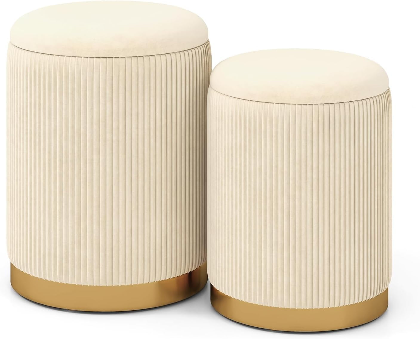 Stackable Footstools Velvet Storage Footstool Set of 2, Modern Round Footstool with Storage ...