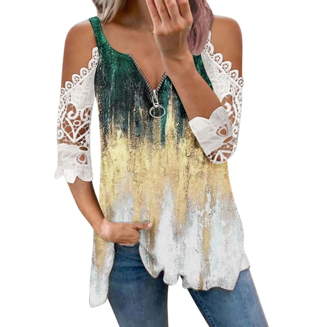 Elegante mujer casual cremallera cuello impresión blusa encaje manga corta camiseta verano Tops OAVQHLG3B Store lin121212