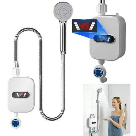 DERCLIVE Electric Tankless Water Heater Shower Head Set, 3000W Instant Hot Water Heater LCD Display for Home, Easy to Install White
