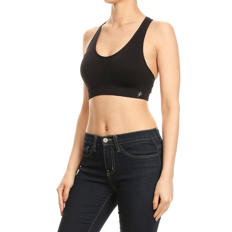 Women's Solid Color Double Layer with Scoop Neck and Racerback Sports Bra-  Black S/M