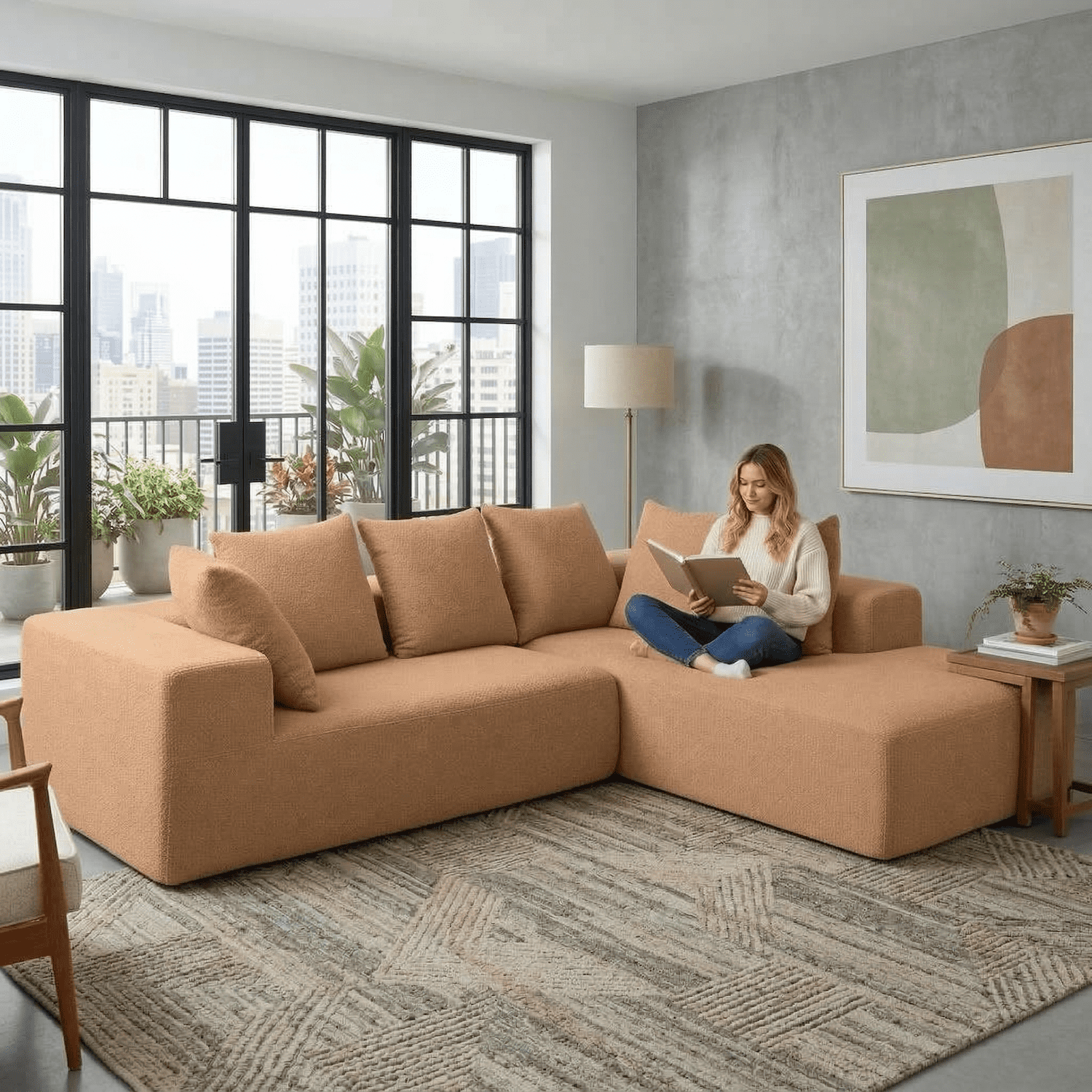 Xiweot 96" Cloud Sectional Couch for Living Room, Memory Foam Sectional Sofa with Deep Seat, Teddy Fabric L Shaped Modular Sectional Couch with Right Facing Chaise (Brown)
