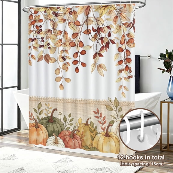 Fall Pumpkins Maple Leaf Shower Curtain, Autumn Leaves Harvest Thanksgiving Farmhouse Watercolor Seasonal Bathroom Curtain Sets, Waterproof Fabric Polyester with Hooks, 72x72 White