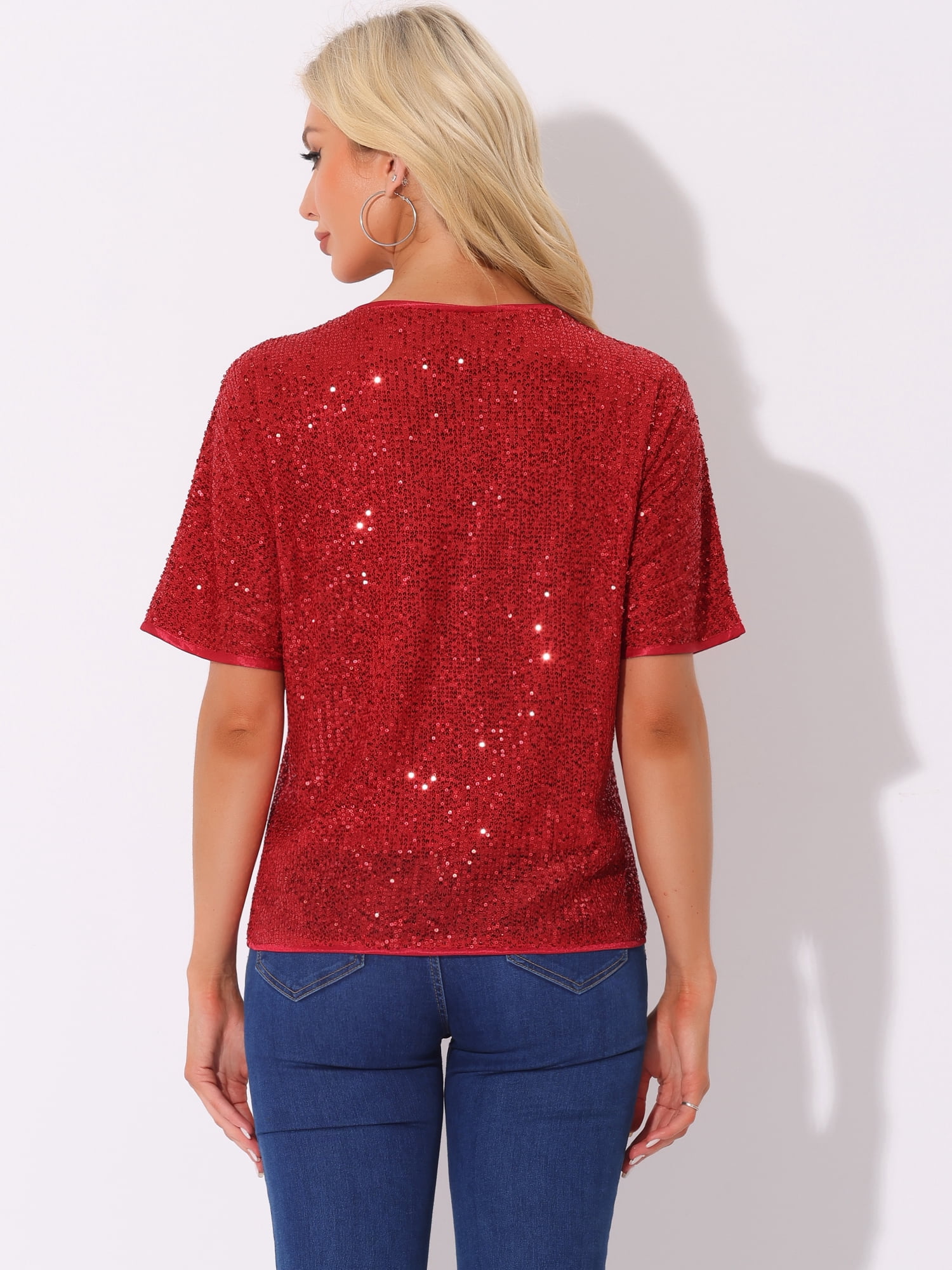 DARING DIVA Women's Costume Sequin Clubwear Blouses T-Shirts XL Red