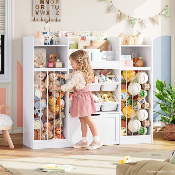 Homfa Toy Storage Organizer with Stuffed Animal Storage & Drawer, 3-in-1 Kids Bookshelf with Cubes, Racks & 6 Toy Bins for Playroom Kids Room, White