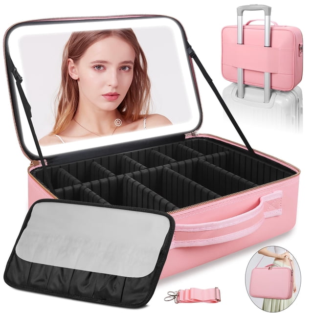 Bolsa de maquillaje Suupvaor de viaje grande con espejo LED de 15 pulgadas y 3 colores