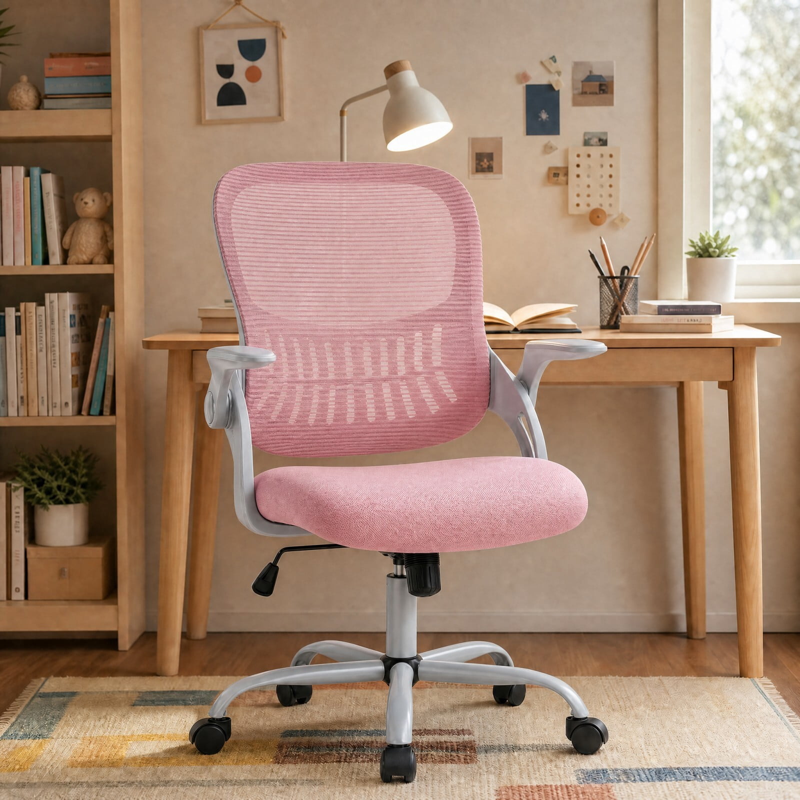 Kelno Ergonomic Mesh Office Chair Mid Back Desk Chair with Lumbar Support Flip-up Armrests Adjustable Height Swivel Task Chair, Pink