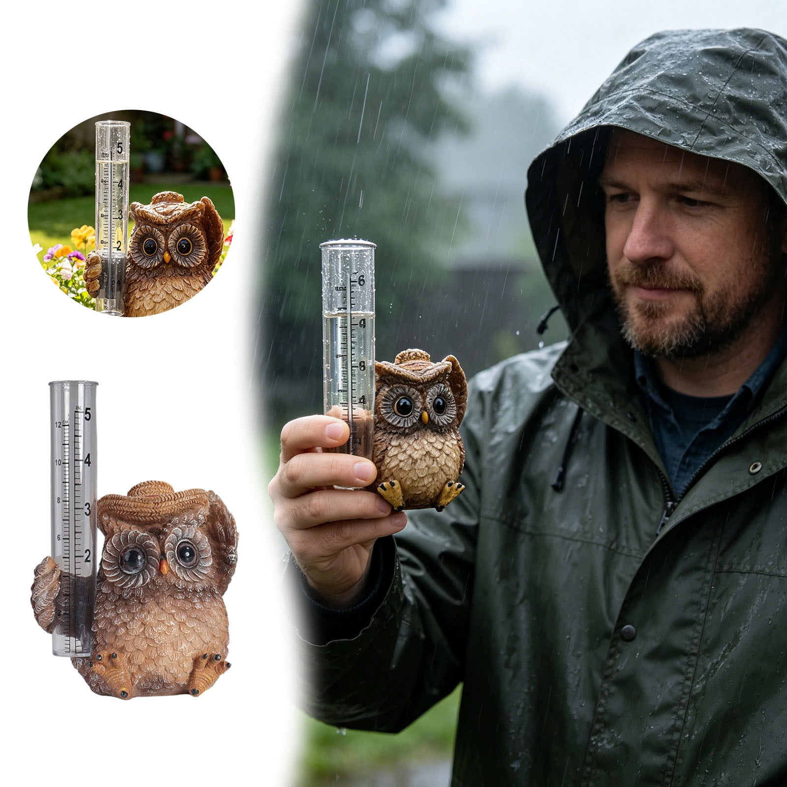 Owl Rain Gauge Garden Statue 5.3 Inch Resin Rain Gauge with Transparent Tube Weatherproof Outdoor Yard Ornament for Patio Lawn Garden