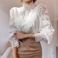 thumbnail image 2 of Bjutir Women Shirts Fashion Solid Lace Hollow Out Casual Button Shirt Stand Long Sleeve Shirt Blouse Top White L, 2 of 5