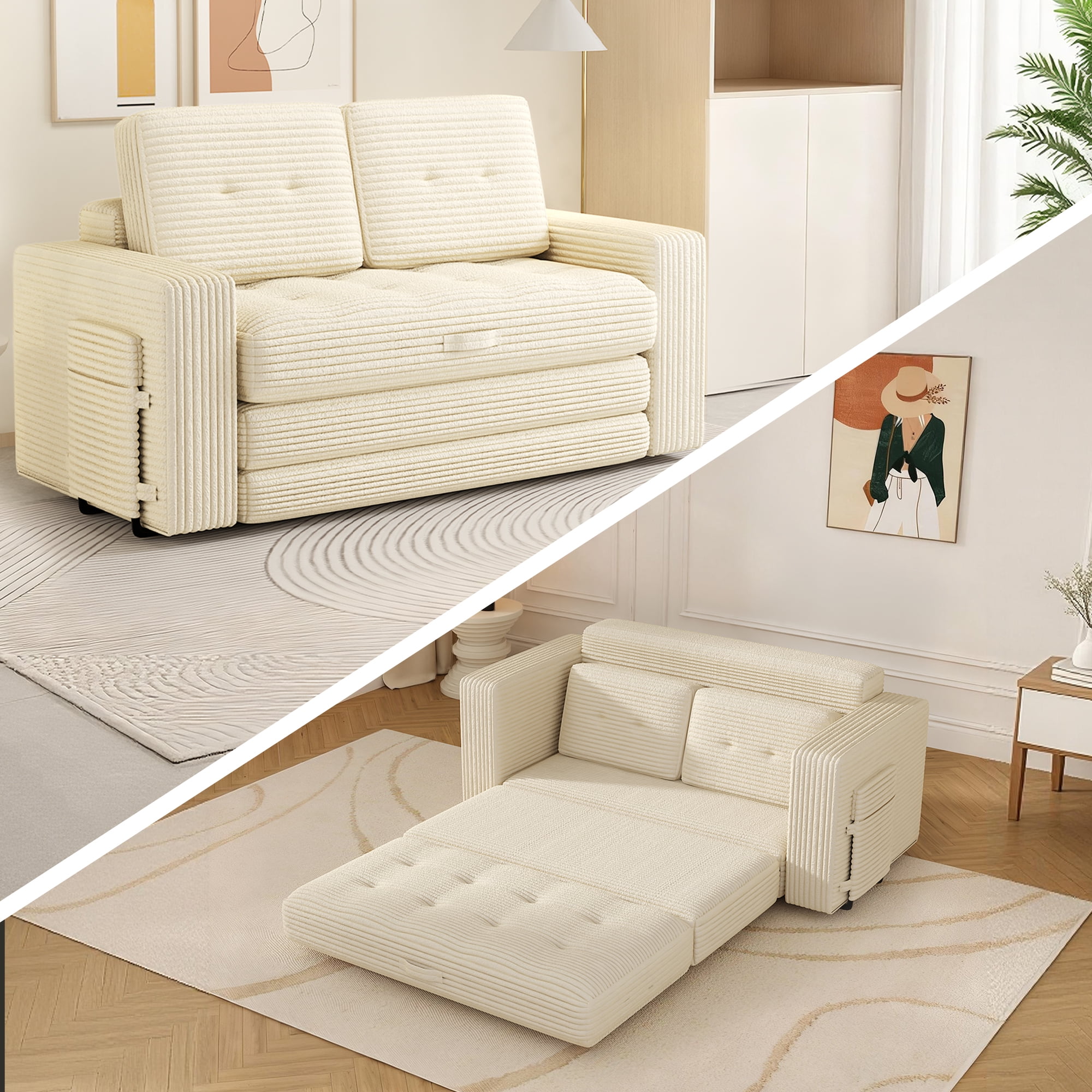 WENTUM Pull Out Loveseat Boneless Couch,Sleeper Sofa, Folding Couch Bed with Pillow for Living Room Bedroom, Beige