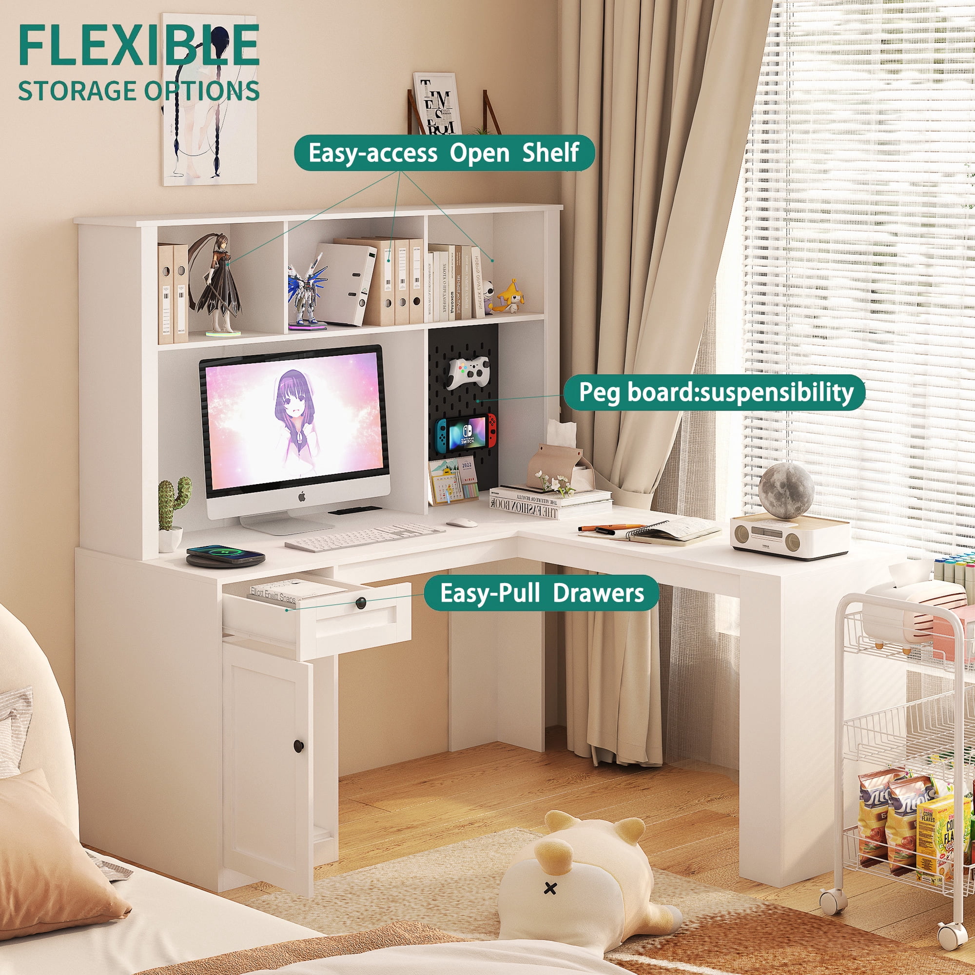 White L Shaped Corner Computer Desk with Storage Drawers, 2-IN-1 Home Office Desks with Bookshelf & Hutch & Pegboard, Modern Office Table with Outlet, Work Desk Study Desk for Home Office