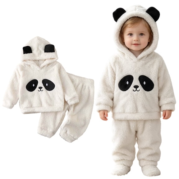 Faraee Toddler Panda Fleece Outfit Set Boys Girls Hooded Sweatshirt and Joggers Pants 9 12 18 24 Months 2t 3t Infant Plush Loungewear Baby Cute Animal Sleepwear