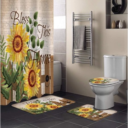 ZHANZZK Retro SunflowerText 4 Piece Bathroom Set Shower Curtain Bath Rug Contour Mat and Toilet Lid Cover