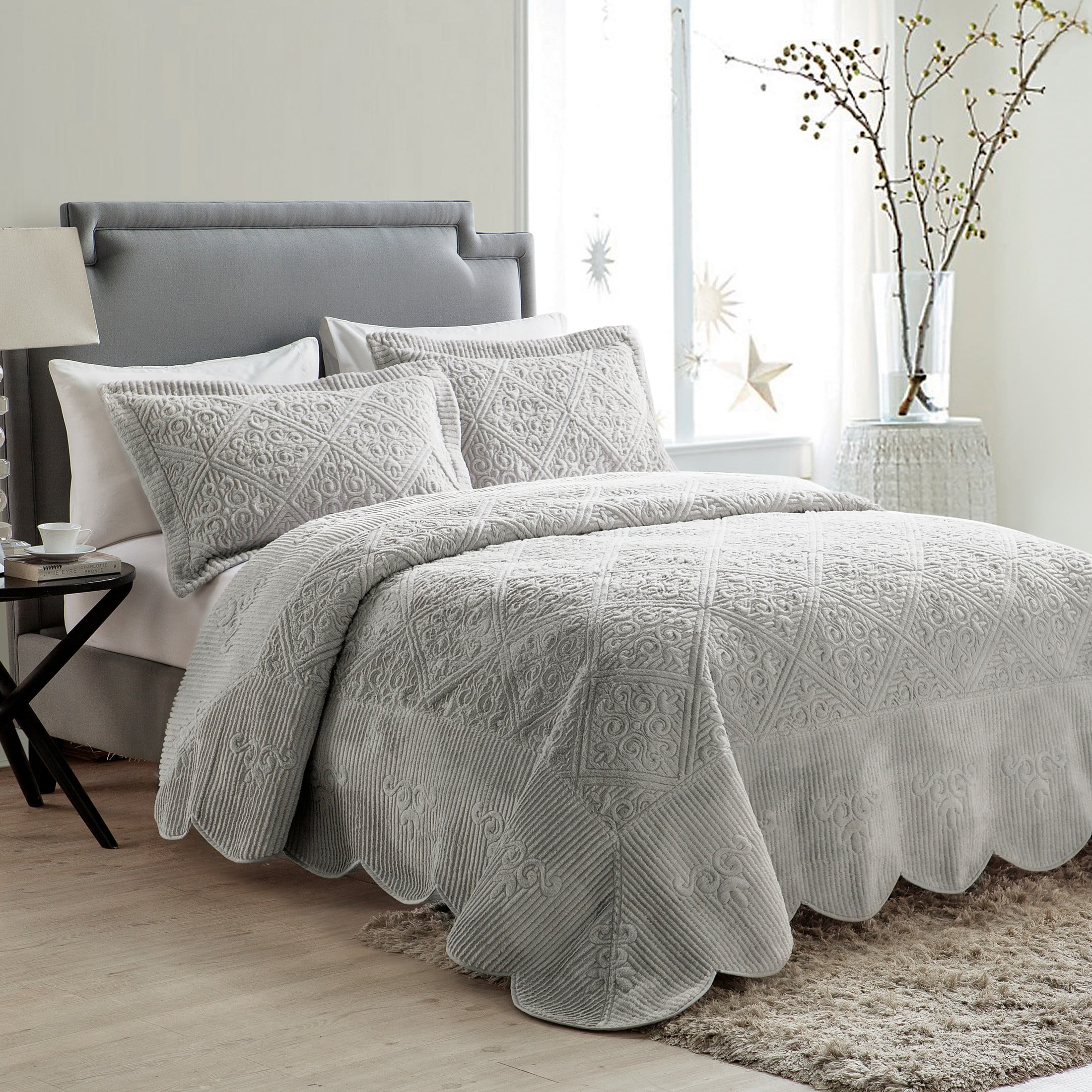 VCNY Home Westland 3-Piece Grey Solid Tile Bedspread Set, Queen, Adult, Unisex