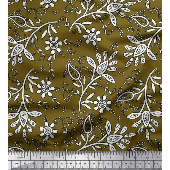Soimoi Cotton Cambric Fabric Leaves & Floral Block Fabric Prints by Yard 56 Inch Wide