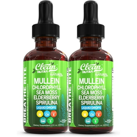 Organic Mullein Liquid Drops With Chlorophyll for Lung Detox Plus Irish Sea Moss, Spirulina, Licorice, Tart Cherry, Lobelia, Motherwort, And Elderberry For Men Women Health Supplement Vitamin (2)