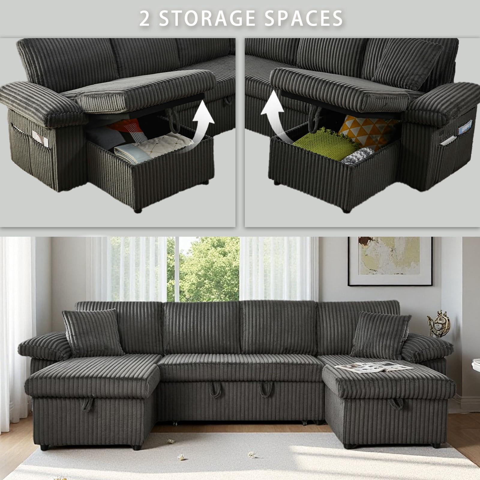 Aisword 113" Sectional Couch with Storage Chaise, U Shaped Adjustable Backrest Couch with Pull Out Bed, 4 Seater Sectional Couches for Living Room (Corduroy, Dark Grey)