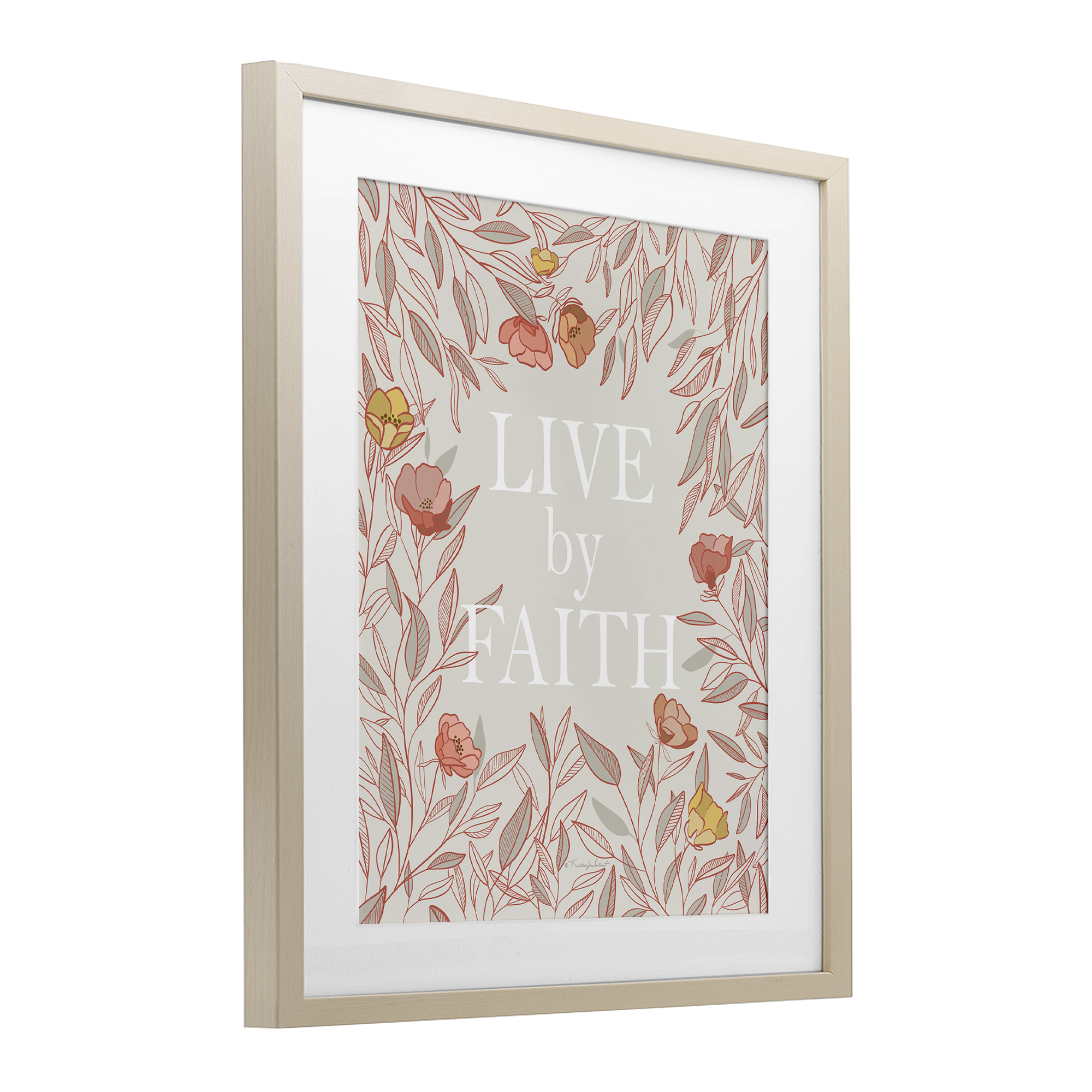 Live By Faith Rosy Florals Birch Framed Print Under Glass, design by Kelley Talent