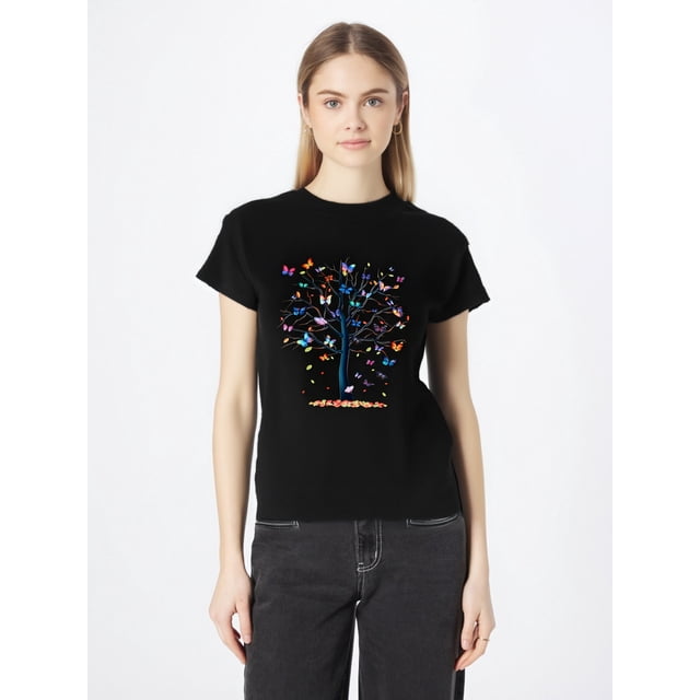 Butterfly Tree Print T-Shirt, Short Sleeve Casual Top For Summer & Spring, Women's Clothing Tee For Adult, Men, Women, Teen, Teenager, Adolescent, Youth